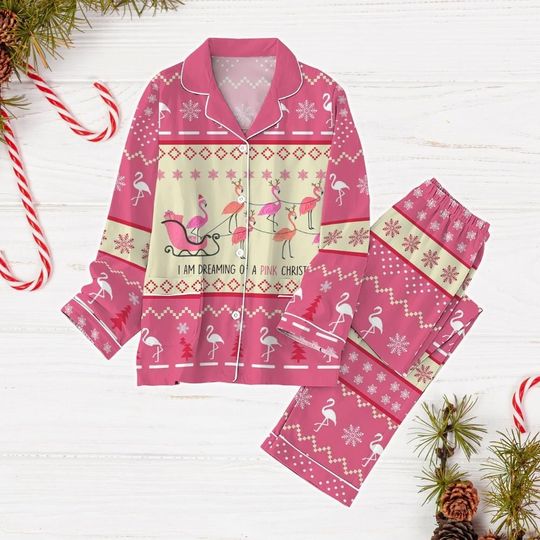 Christmas Flamingo Pajama Set, Holiday Pink Bird Loungewear, Flamingo Lover Gift