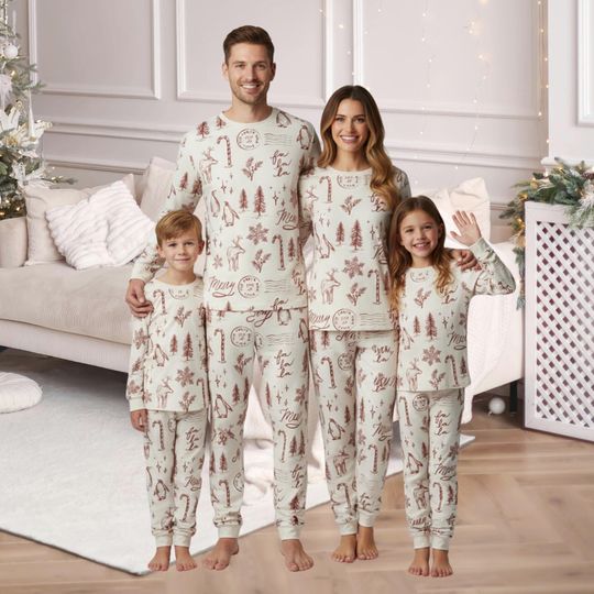 Discover Hand-Drawn Christmas Family Matching Pajamas, Cute Holiday Pajamas Set, Festive Family Christmas Pjs, Winter Matching Pajamas