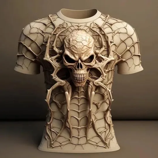 New Men_s 3d Skull Spider T Shirt Stretch Crew Neck Printed Front & Reverse