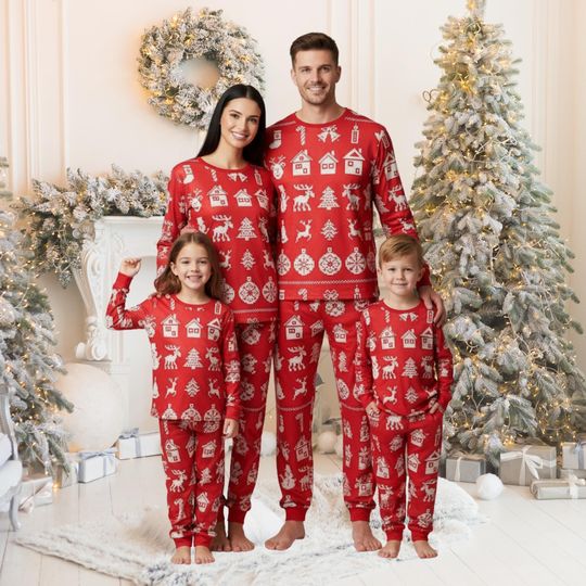 Christmas Tree Reindeer Family Pajamas, Cute Holiday Matching Pajamas Set, Festive Christmas Pajamas For Family, Red Pajamas