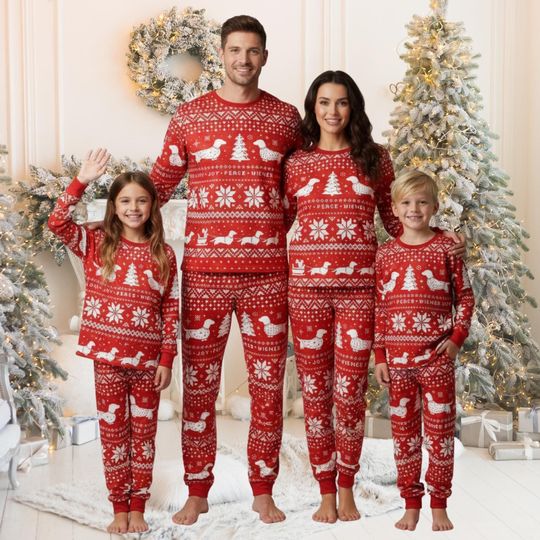 Discover Dachshund Christmas Family Pajamas Set, Cute Wiener Dog Matching Pajamas, Holiday Pajamas For Family, Funny Dog Lover Xmas Pjs