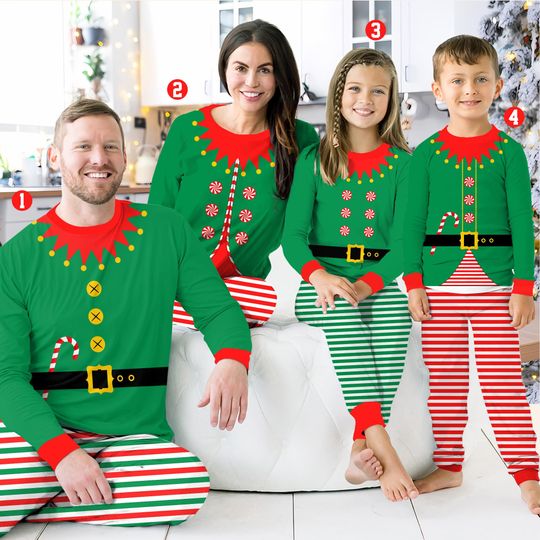 Discover Funny Family Elf Christmas Pajamas Set, Costume Elf Christmas Long Sleeve Two Piece Pajama, Cute Elf Christmas Loungewear Set