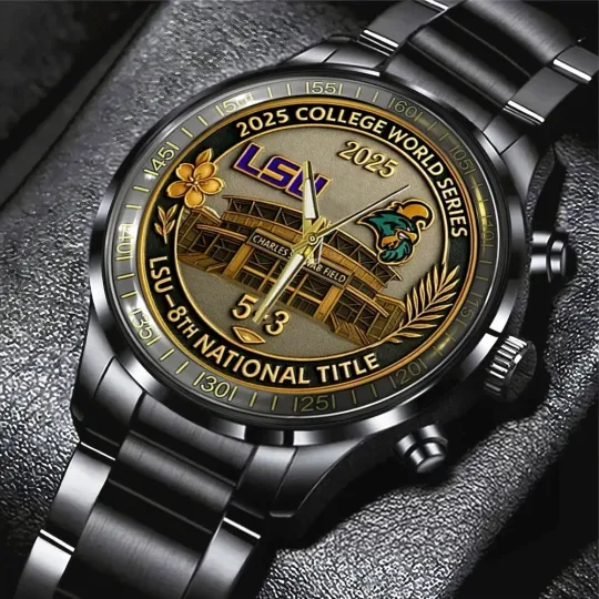 Discover LSU Tigers Baseball 2025 National Champions Black Stainless Steel Watch