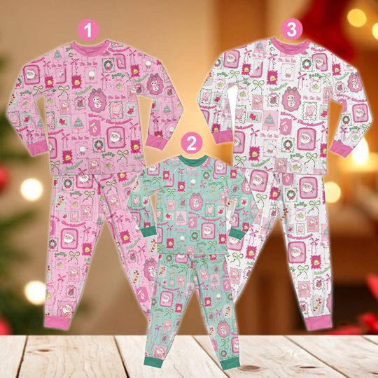 Preppy Christmas Pajama Set, Coquette Girly Christmas Long Sleeve Two Piece Pajama Set, Tis The Season Christmas Family Matching Pajamas