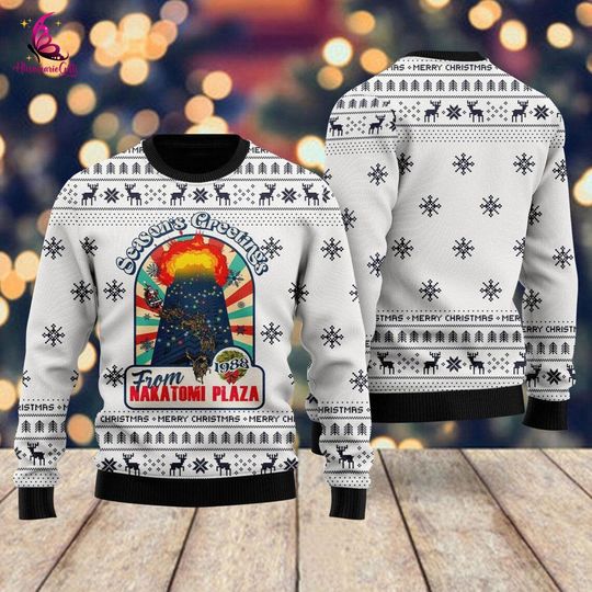 Discover Season's Greetings From Nakatomi Plaza Ugly Christmas Sweater | Nakatomi Plaza from 1988 Ugly Xmas Sweatshirt | Die Hard Lovers Xmas Outfit