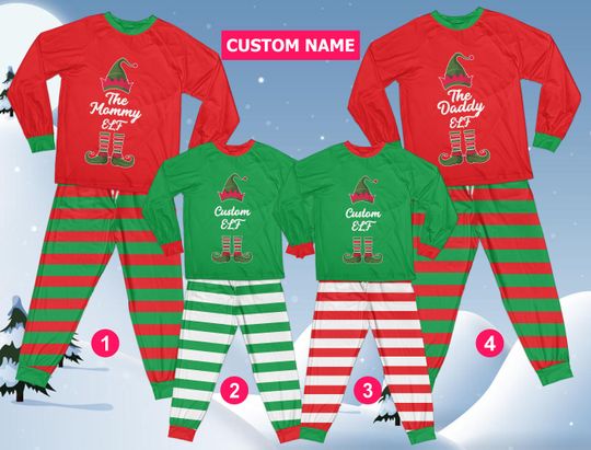 Family Elf Christmas Pajamas Set, Custom Elf Christmas Long Sleeve Two Piece Pajama, Funny Elf Christmas Loungewear Set
