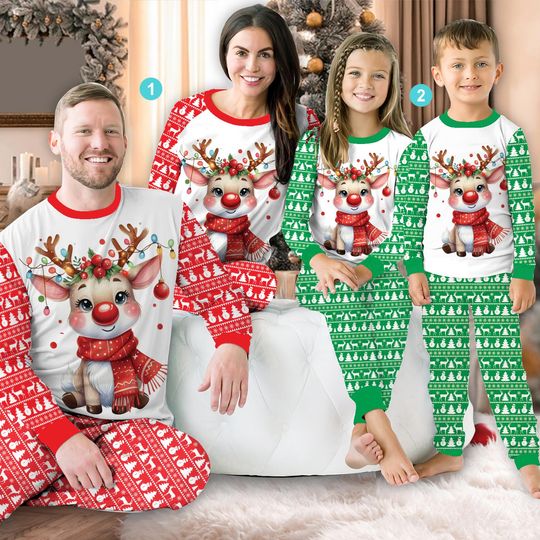 Discover Christmas Reindeer Pajamas Set, Cute Reindeer Christmas Long Sleeve Pajama, Family Christmas Pajamas, Xmas Holiday Loungewear Set, Xmas Gift