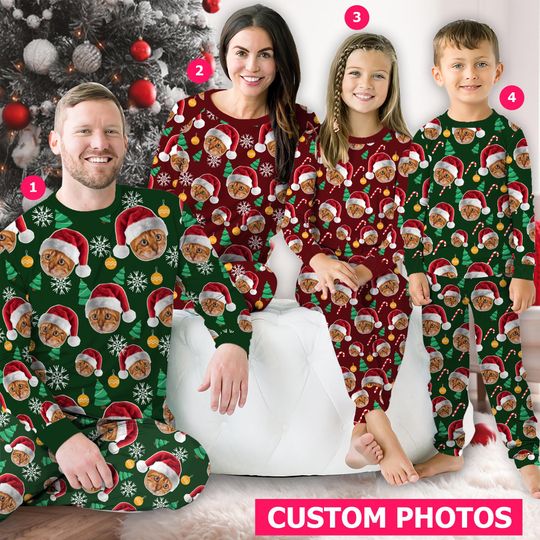 Discover Personalized Dog Cat Photo Christmas Pajamas, Custom Pet Face Christmas Pajamas Set, Pet Owner Long Sleeve Two Piece Pajama, Loungewear Set