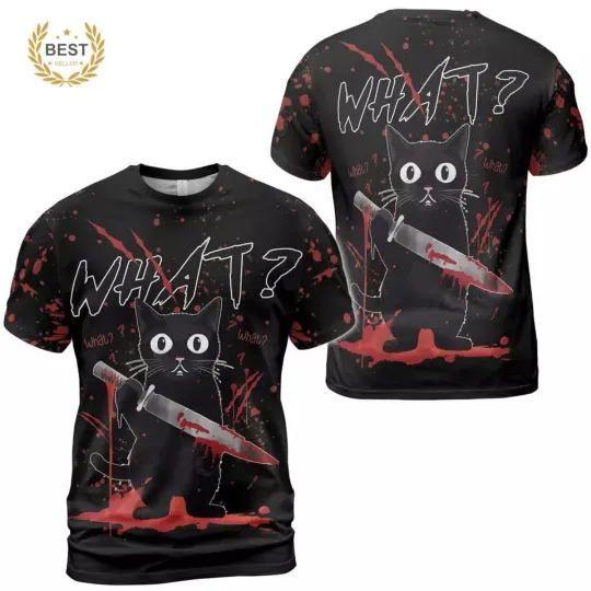 Discover Horror Bloody Halloween Cat What T-Shirt 3D Unisex S-5XL, Cat Horror T-shirt