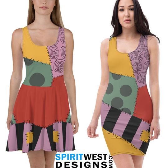 Discover Nightmare Sally Costume Skater Fitted Bodycon Dress | Nightmare Before Christmas Cosplay Halloween Zombie Ragdoll Patchwork Tank mini Skirt