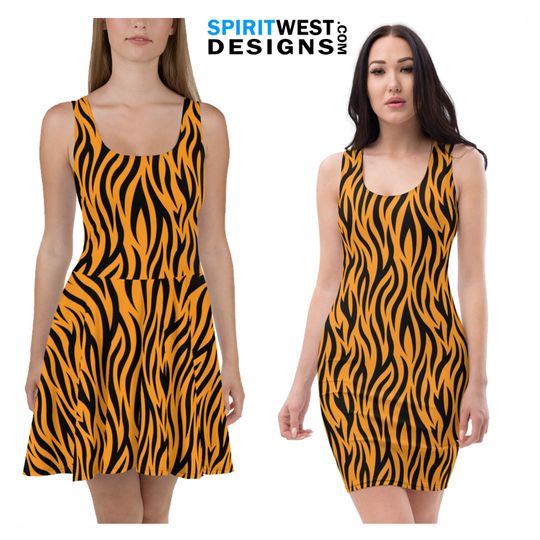 Discover Tiger Costume Skater Dress Fitted Bodycon Dress | Rajah Cosplay Festival Halloween Gift Animal Print Stripe Dance Running Costume Activewear