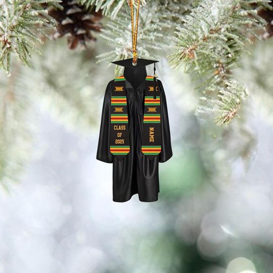 Custom Graduation Gown Kente African American Ornament, Class of 2025 2D Flat Ornament, College Graduated, New Graduate Gift