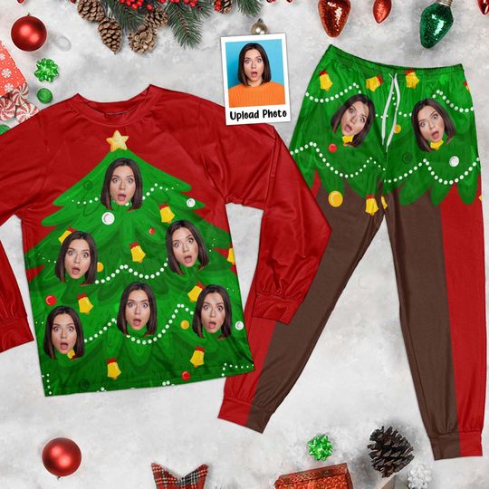 Custom Face Funny Living Christmas Tree, Personalized Photo Pajama Set, Gift for Kids Adult, Birthday Gift, Family Matching Pyjamas