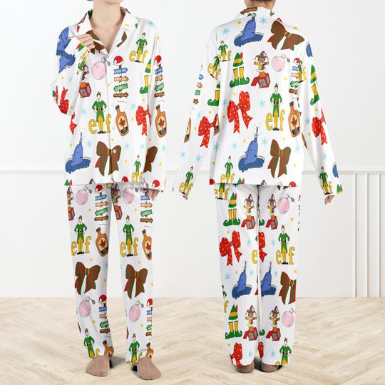 Coquette Elf Christmas Silky Satin Pajama Set For Women, Elf Christmas Pajamas Set, Buddy the Elf PJs, Funny Holiday Sleepwear for Family