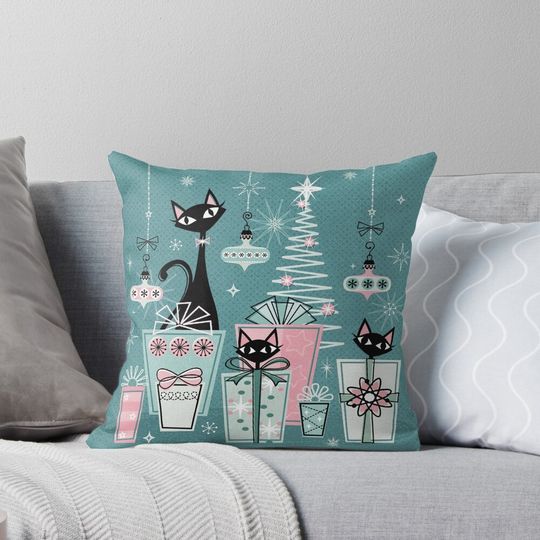 Discover Vintage Kitty Christmas II ©studioxtine Pillow