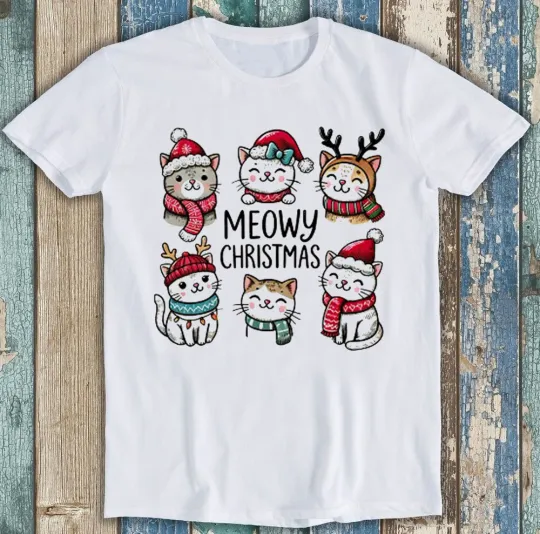 Discover Meowy Christmas Cat Xmas Retro Meme Funny T-Shirt