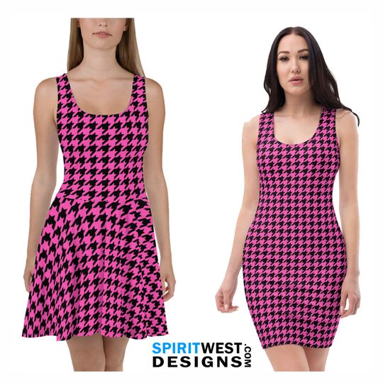 Discover Pink Houndstooth Christmas Dress | Holiday Skater Dress  | Party Cosplay Costume