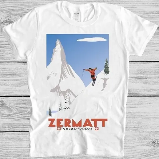 Discover Swiss Alps Ski T Shirt Zermatt Valais Switzerland Poster Vintage Cool Tee M58