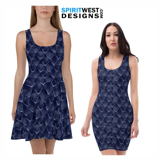 Discover Dragon Costume Skater Dress Fitted Bodycon Tank Dress Navy Blue Reptile Scales Cosplay Halloween Plus Size Theme park Dance Running Spandex