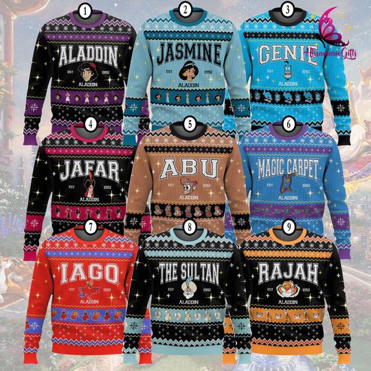 Aladdin Characters Ugly Xmas Sweater, Aladdin Jasmine Christmas Sweater