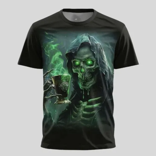 Discover Green Smoke Chalice Skeleton 3D Print Unisex Dark T-Shirt Halloween