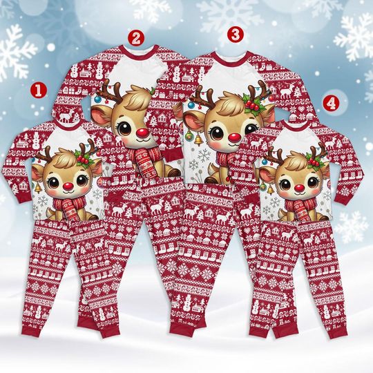 Discover Family Christmas Pajama Set, Cute Reindeer Print, Matching Holiday Sleepwear, Red and White Winter PJs, Festive Outfit for Kids and Adults