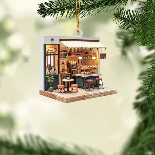 Personalized Coffee Shop 2D Flat Acrylic Ornament, Cafe Ornament Gift, Coffee Shop Christmas Hanging Ornament Home Decor