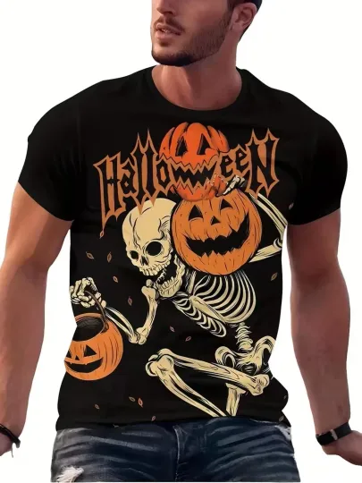 Discover Halloween 3D Print Skeleton & Pumpkin Graphic 3D All Over Print T-shirt