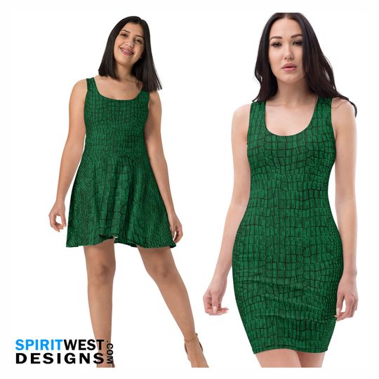 Discover Alligator Crocodile Costume Dress Skater Fitted Bodycon Dress Long Sleeve Pocket Dress Reptile Dragon Cosplay Halloween Plus Size Dance Gift