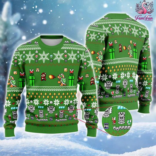 Super Mario Bros Ugly Christmas Sweater, Mario Bowser Ugly Christmas Sweater