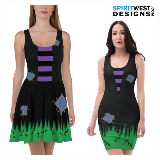 Discover Frankenstein Costume Skater Dress Fitted Bodycon Dress | Monster Zombie Cosplay Halloween Costume | Plus Size Costume | Dance Running