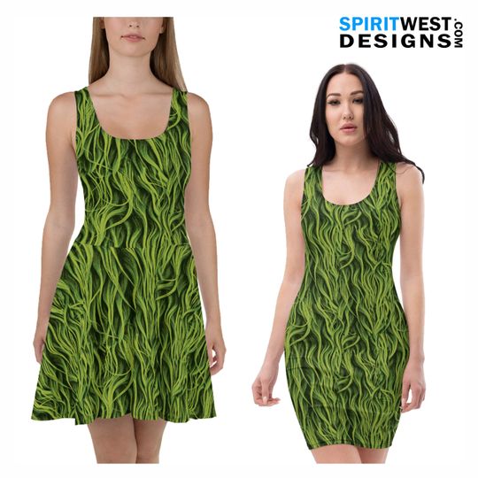Discover Green Fur Print Costume Skater Dress, Mean Christmas Villain Cosplay Halloween