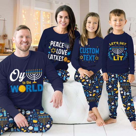 Personalized Hanukkah Pajamas Set, Custom Text Jewish Holiday Long Sleeve Two Piece Pajamas, Let's Get Lit, Oy To The World, Chanukah Gifts