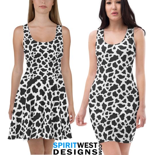 Discover Cow Print Skater Dress or Fitted Dress | Dalmatian Cosplay Bodycon Halloween Farmer Dog Spots Animal Print Costume | Woman Teen Costume