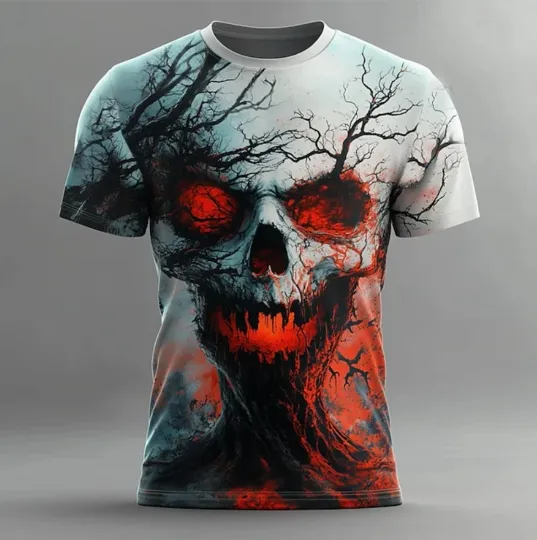 Halloween Men’s Skull Flame T-Shirt – 3D Horror Creweck Graphic Tee2