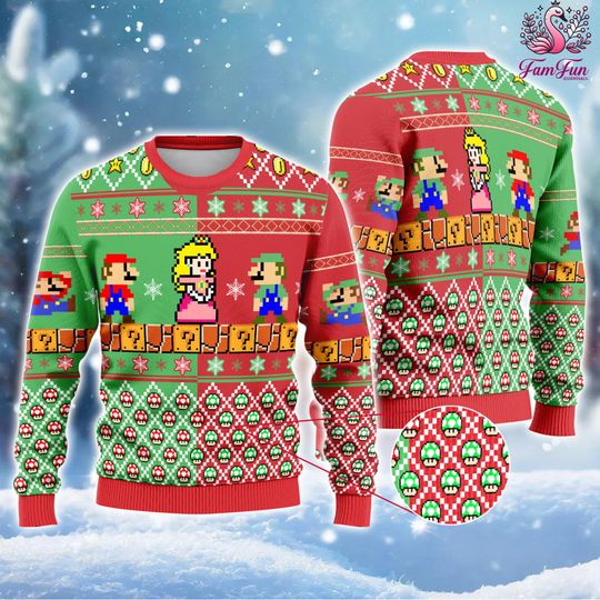 Super Mario Ugly Christmas Sweater | Mario Princess Peach Video Game Sweatshirt