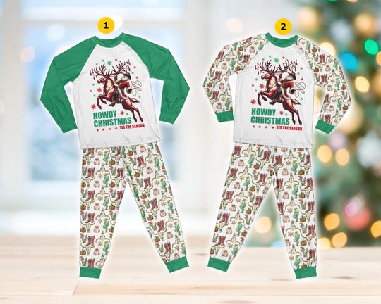 Howdy Christmas Pajamas Set, Tis The Season Christmas Long Sleeve Two Piece Pajamas, Cowboy Santa Riding Reindeer Christmas Loungewear Set
