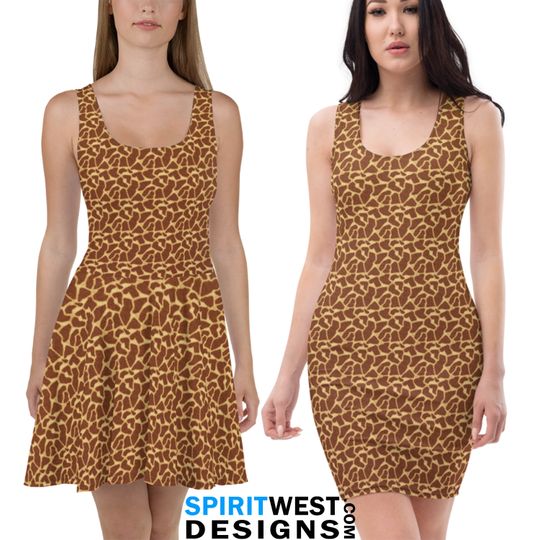 Discover Giraffe Print Skater Dress or Fitted Dress | Safari Cosplay Bodycon Halloween Costume | Spots Animal Print | Woman Teen Costume