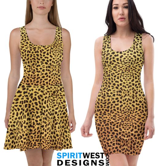 Discover Cheetah Print Skater Dress or Fitted Dress | Safari Cosplay Bodycon Halloween Costume | Spots Animal Print | Woman Teen Costume