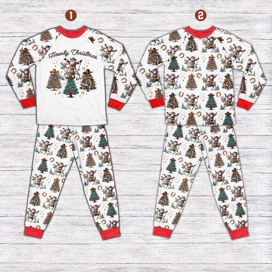 Howdy Christmas Pajamas Set, Western Christmas Tree Long Sleeve Two Piece Pajama, Cowboy Santa Riding Reindeer Christmas Loungewear Set