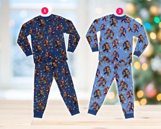 Funny Bigfoot Menorah Dreidel Hanukkah Pajamas Set, Sasquatch Hanukkah Long Sleeve Two Piece Pajama, Jewish Hanukkah Matching Family Pajamas
