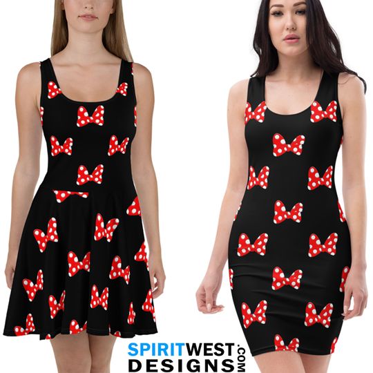 Discover Red Bow Skater Dress or Fitted Dress | Mouse Cosplay Bodycon Halloween Costume Woman Teen Gymnastics Workout Running Theme park outfit