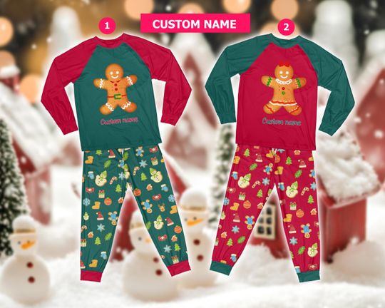 Discover Personalized Gingerbread Christmas Pajamas Set, Custom Name Gingerbread Xmas Cookies Long Sleeve Two Piece, Family Christmas Loungewear Set
