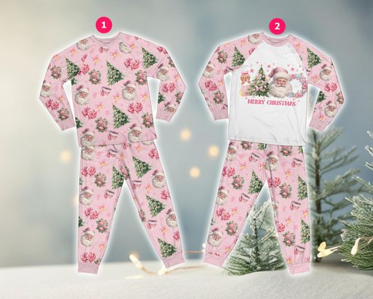 Discover Pink Christmas Pajamas Set, Pink Coquette Bow Cute Santa Merry Christmas Long Sleeve Two Piece Pajamas, Family Christmas Loungewear Set