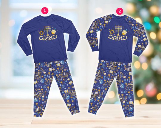 Personalized Hanukkah Pajamas Set, Custom Name Matching Jewish Holiday Long Sleeve Two Piece Pajama, Star Of David, Chanukah Menorah Pajamas