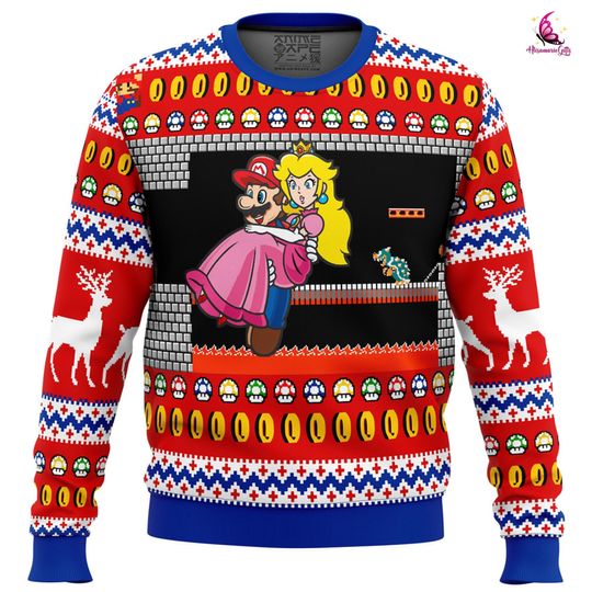 Mario Bowser's Castle Ugly Christmas Sweater, Mario Princess Peach Ugly Sweater