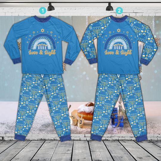 Love And Light Hanukkah Pajamas Set, Festival Of Lights Hanukkah Long Sleeve Two Piece Pajama, Menorah Chanukah Pajamas, Jewish Holiday Gift