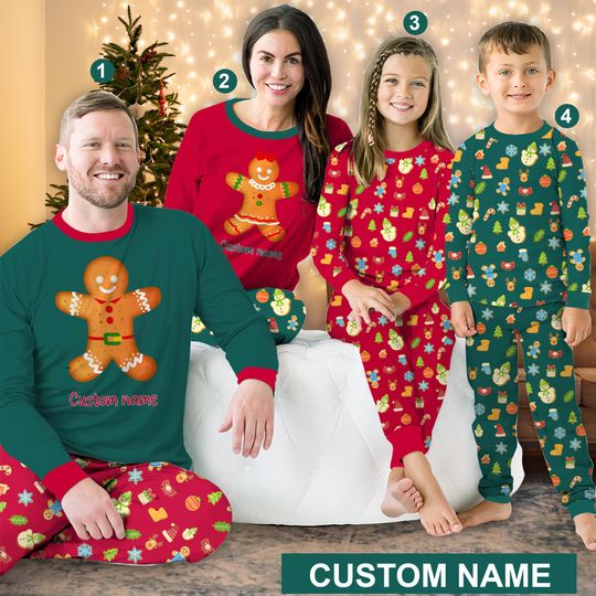 Discover Personalized Gingerbread Christmas Pajamas Set, Custom Name Gingerbread Xmas Cookies Long Sleeve Two Piece, Family Christmas Loungewear Set