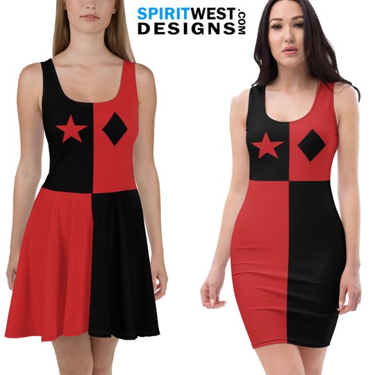 Discover Harley Quinn Costume Skater Fitted Tank Dress Comic Jester Harlequin Clown Monster Red Black Villain Cosplay Bodycon Halloween Party Gift