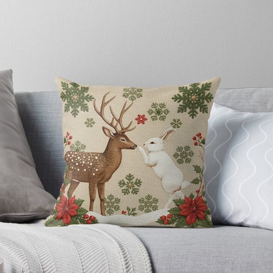 Discover Deer and Rabbit at Christmas Pillow